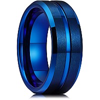 King Will 8Mm Basic Wedding Ring For Men Blue Electroplated Tungsten Ring With A Thin Polished Center Inlay Design Brushed Matte