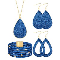 Hicarer 4 Pieces Womens Glitter Jewelry Set Bridal Wedding Multilayer Bracelet Faux Leather Dangle Earrings Necklace Dark Blu