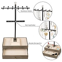 Meangood Jewelry Organizer Stand 3Tier Necklace Holder Jewelry Tree With Wooden Storage Drawer Box For Necklace Bracelet Earri