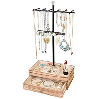 Meangood Jewelry Organizer Stand 3Tier Necklace Holder Jewelry Tree With Wooden Storage Drawer Box For Necklace Bracelet Earri