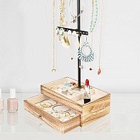 Meangood Jewelry Organizer Stand 3Tier Necklace Holder Jewelry Tree With Wooden Storage Drawer Box For Necklace Bracelet Earri