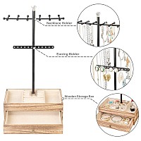 Meangood Jewelry Organizer Stand 3Tier Necklace Holder Jewelry Tree With Wooden Storage Drawer Box For Necklace Bracelet Earri