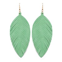 Large Genuine Soft Leather Handmade Fringe Feather Lightweight Tear Drop Dangle Color Earrings For Women Girls Fashion Mint