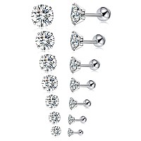 Tornito 7 Pairs 18G Stainless Steel Stud Earrings Round Cubic Zirconia Barbell Earring Set For Men Women 2Mm8Mm Silver Tone