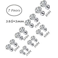 Tornito 7 Pairs 18G Stainless Steel Stud Earrings Round Cubic Zirconia Barbell Earring Set For Men Women 2Mm8Mm Silver Tone