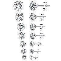 Tornito 7 Pairs 18G Stainless Steel Stud Earrings Round Cubic Zirconia Barbell Earring Set For Women Men 2Mm8Mm Silver Tone