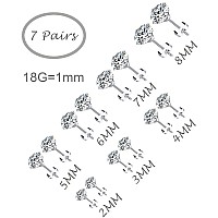 Tornito 7 Pairs 18G Stainless Steel Stud Earrings Round Cubic Zirconia Barbell Earring Set For Women Men 2Mm8Mm Silver Tone