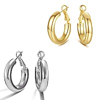 Shownii Chunky Gold Hoop Earrings Set 14K Gold Plated Chunky Tube Hoop Earrings Set For Women Lightweight Thick Hoops