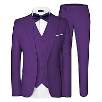 Mage Male Mens 3 Pieces Suit Elegant Solid One Button Slim Fit Single Breasted Party Blazer Vest Pants Set Bright Purple