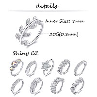 Tornito 10Pcs Nose Ring Hoop Paved Flower Leaf Feather Cz Cartilage Earrings Nose Piercing Jewelry For Women Men Silver Tone 20G