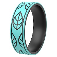 Thunderfit Silicone Wedding Rings For Men And Women Laser Printed Design 6Mm Width 2Mm Thick Leaves Teal Bblack Size 7