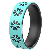 Thunderfit Silicone Wedding Rings For Men And Women Laser Printed Design 6Mm Width 2Mm Thick Daisies Teal Bblack Size 5