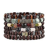 Hzman Wrap Bracelets Men Women Hemp Cords Wood Beads Ethnic Tribal Bracelets Leather Wristbands Skull