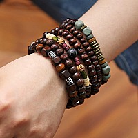 Hzman Wrap Bracelets Men Women Hemp Cords Wood Beads Ethnic Tribal Bracelets Leather Wristbands Skull