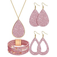 Hicarer 4 Pieces Womens Glitter Jewelry Set Bridal Wedding Multilayer Bracelet Faux Leather Dangle Earrings Necklace Pink