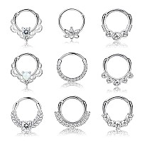 Drperfect 9Pcs 16G Septum Rings Opal Daith Earrings Hoop Nose Rings 316L Stainless Steel Cz Cartilage Helix Tragus Earrings Sept