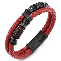 Coolsteelandbeyond Mens Doublerow Red Braided Leather Bracelet Bangle Wristband With Black Stainless Steel Ornaments