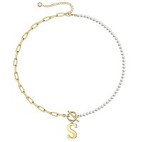 Dainty Initial Pearl Necklace For Women 14K Gold Plated Paperclip Link Chain Necklace Toggle Clasp Necklace Choker Initial Neck