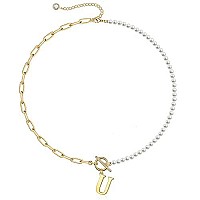 Dainty Initial Pearl Necklace For Women 14K Gold Plated Paperclip Link Chain Necklace Toggle Clasp Necklace Initial Necklaces G