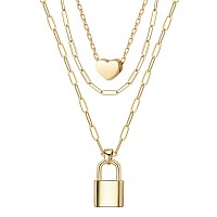 Giftall Layered Necklace For Women Heart Choker Necklace Paperclip Chain Necklace Lock Pendant Necklace For Women 14K Gold Plate