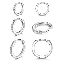 925 Sterling Silver Post Small Hoop Earrings Cubic Zirconia Huggie Hoop Earrings3 Pairs 14K White Gold Plated Cartilage Piercin