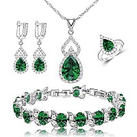 Lmxxvj Created Green Emerald Jewelry Set White Cz Earring Open Ring Necklace Bracelet Set Mother