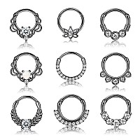 Drperfect 9Pcs 16G Septum Rings Opal Daith Earrings Hoop Nose Rings 316L Stainless Steel Cz Cartilage Helix Tragus Earrings Sept