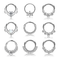 Drperfect 9Pcs 16G Septum Rings Opal Daith Earrings Hoop Nose Rings 316L Stainless Steel Cz Cartilage Helix Tragus Earrings Sept