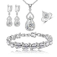 Lmxxvj Women Wedding Jewelry Set White Cubic Zirconia Necklace Open Ring Earrings Bracelet Set Bridal Anniversary Festival Jewel