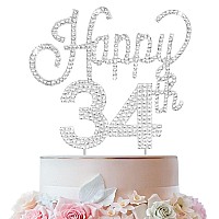 Lingteer Happy 34Th Birthday Silver Rhinestone Cake Topper Cheers To 34Th Birthday 34 Years Old Anniversary Party Cake Centerp