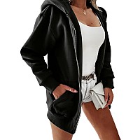 Yousify Women Casual Full Zip Up Plush Hoodie Comfy Loose Solid Sweatshirt Long Sleeve Jacket With Pockets Black