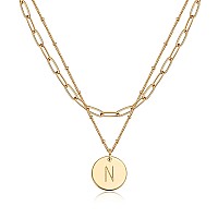 Valloey Rover Initial Necklaces For Women 14K Gold Plated Dainty Layered Necklce Round Coin Disc Pendant Engraved Letter N Neckl