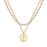 Valloey Rover Initial Necklaces For Women 14K Gold Plated Dainty Layered Necklce Round Coin Disc Pendant Engraved Letter P Neckl