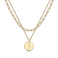 Valloey Rover Initial Necklaces For Women 14K Gold Plated Dainty Layered Necklce Round Coin Disc Pendant Engraved Letter S Neckl