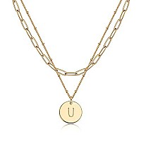 Valloey Rover Initial Necklaces For Women 14K Gold Plated Dainty Layered Necklce Round Coin Disc Pendant Engraved Letter U Neckl