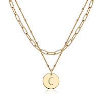 Valloey Rover Initial Necklaces For Women 14K Gold Plated Dainty Layered Necklce Round Coin Disc Pendant Engraved Letter C Neckl