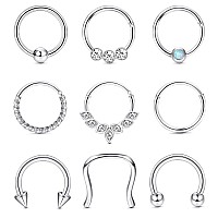 Ubgicig 9Pcs Septum Jewelry 16G Septum Rings Daith Earrings Hoop Nose Rings Horseshoe Stainless Steel Septum Rings For Women Hel