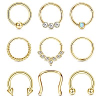 Ubgicig 9Pcs Septum Jewelry 16G Septum Rings Daith Earrings Hoop Nose Rings Horseshoe Stainless Steel Septum Rings For Women Hel