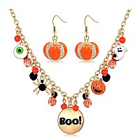 Jertocle Halloween Ghost Necklace Crystal Beaded Boo Pumpkin Pendant Choker Necklace With Pumpkin Drop Earrings Jewelry Set Gol