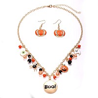 Jertocle Halloween Ghost Necklace Crystal Beaded Boo Pumpkin Pendant Choker Necklace With Pumpkin Drop Earrings Jewelry Set Gol