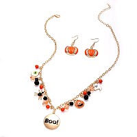 Jertocle Halloween Ghost Necklace Crystal Beaded Boo Pumpkin Pendant Choker Necklace With Pumpkin Drop Earrings Jewelry Set Gol