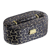 Benjara Travel Jewelry case with 2 Semicircle Slots and Wavy Pattern, Black