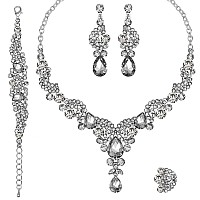 Csy Elegant Crystal Necklace Earrings Bracelet Ring Bridal Wedding Party Costume Jewelry Sets For Brides Women 4 Pcssetgrey