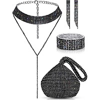 Quelay 4Pcs Diamond Costume Jewelry For Women Rhinestone Fringe Choker Necklace Shiny Bangles Crystal Dangle Earrings Rhinestone