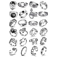 Vintage Silver Open Punk Rings For Men Women 24Pcs Adjustable Alt Chunky Bulky Hippie Rings Cool Gothic Statement Stacking