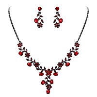 Ever Faith Bridal Jewelry Sets For Wedding Crystal Flower Leaf Costume Halloween Necklace Earrings Set Red Blacktone