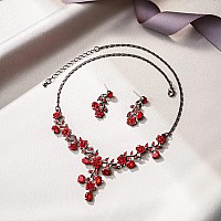 Ever Faith Bridal Jewelry Sets For Wedding Crystal Flower Leaf Costume Halloween Necklace Earrings Set Red Blacktone