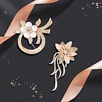 Unaone Brooches For Women Set Of 2 Rhinestone Brooch Pins Elegant Gold Crystal Floral Wedding Bouquet Brooch