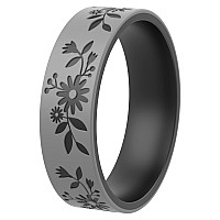 Thunderfit Silicone Wedding Rings For Men And Women Laser Printed Design 6Mm Width 2Mm Thick Flowers 26Mm Blackgrey Si