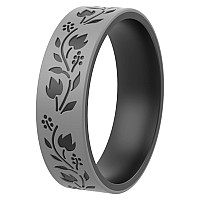 Thunderfit Silicone Wedding Rings For Men And Women Laser Printed Design 6Mm Width 2Mm Thick Flowers 16Mm Blackgrey Si